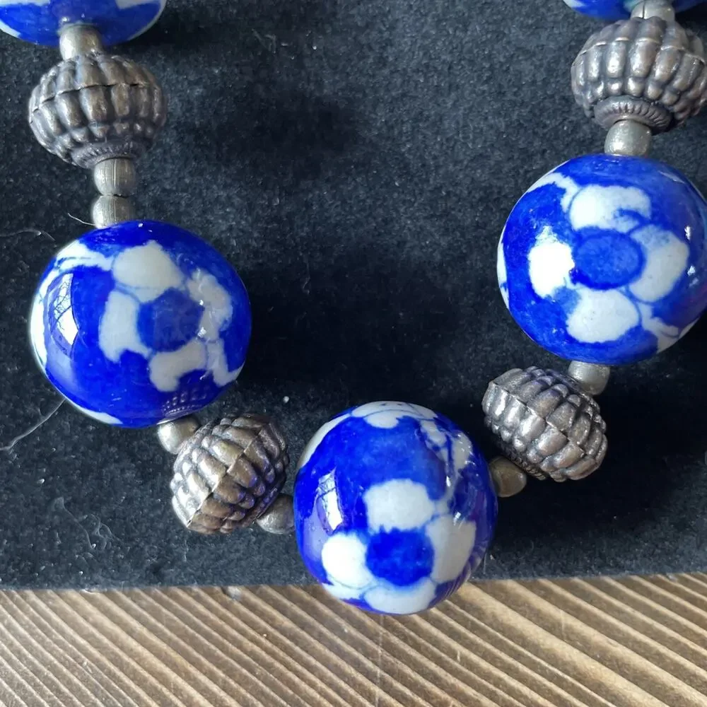 Vintage Hand Painted Chinese Porcelain Bead And Silver Beads Necklace